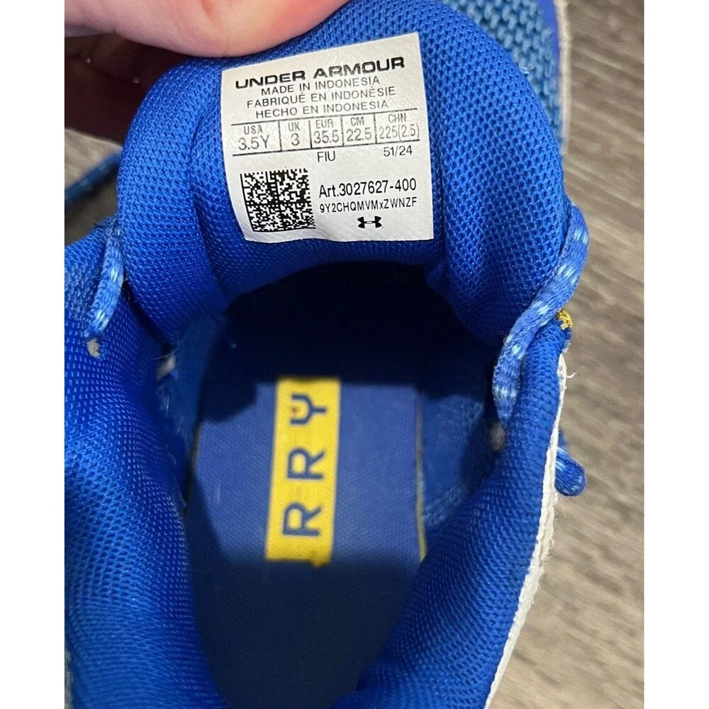 Under Armour Curry Kids US 3.5 Blue Yellow White Lace-Up Mesh Low Top